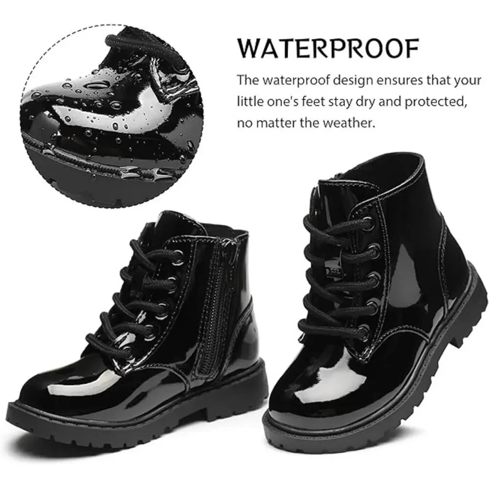 Girls Size 10 Black Patent Leather Lace Up Size Zip Ankle Combat Dressy Boots